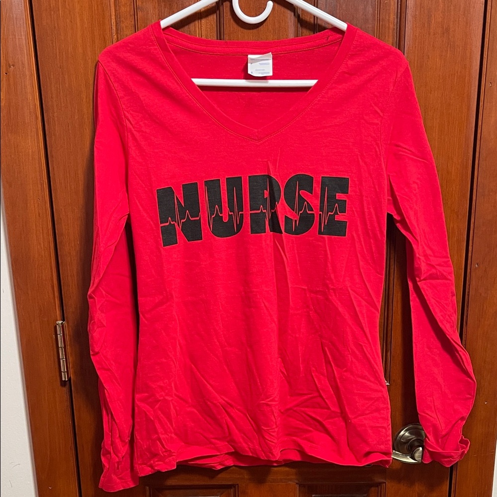 Red 'NURSE' V-Neck Long Sleeve Top